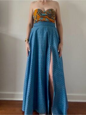 Strapless Orange & Blue Patterned Maxi Dress